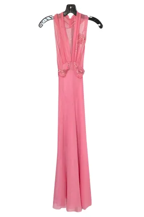 1930s Pink Silk Hand Applique Detailed Boudoir Negligee Lingerie Dress