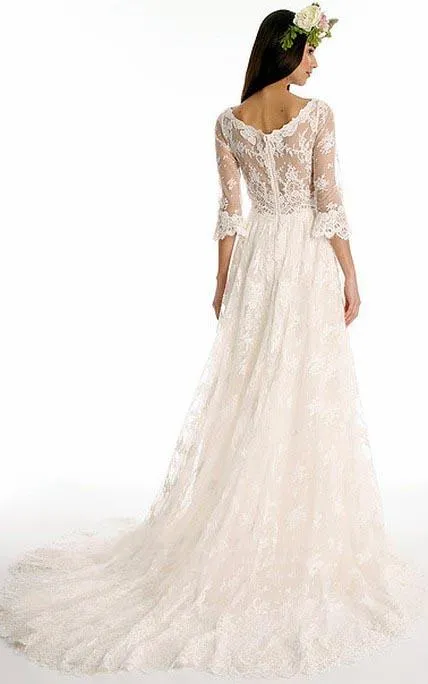 A line Bateau Half Sleeve Lace Wedding Dress With Sweep Train V Back Bridal Dress