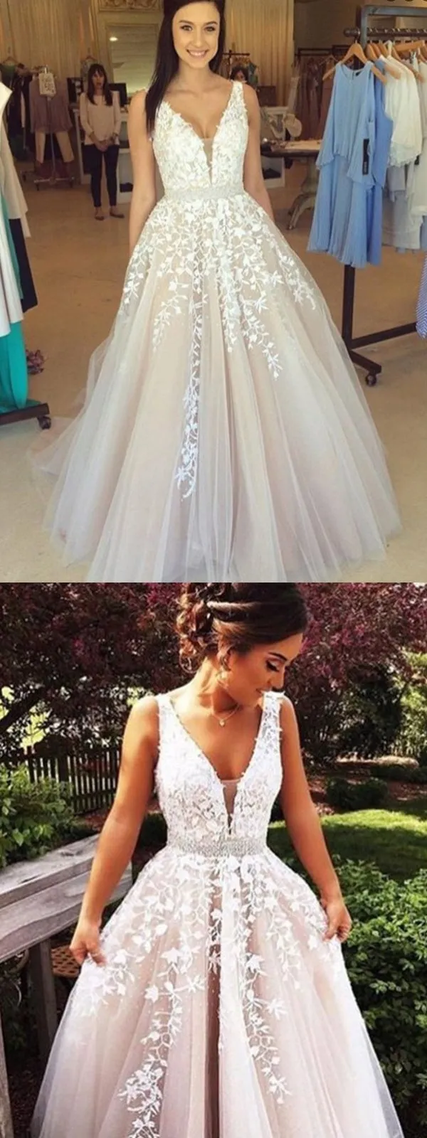 A-Line V-Neck Tulle Beaded Prom Dresses With Appliques,Cheap Prom Dress,PDY0389