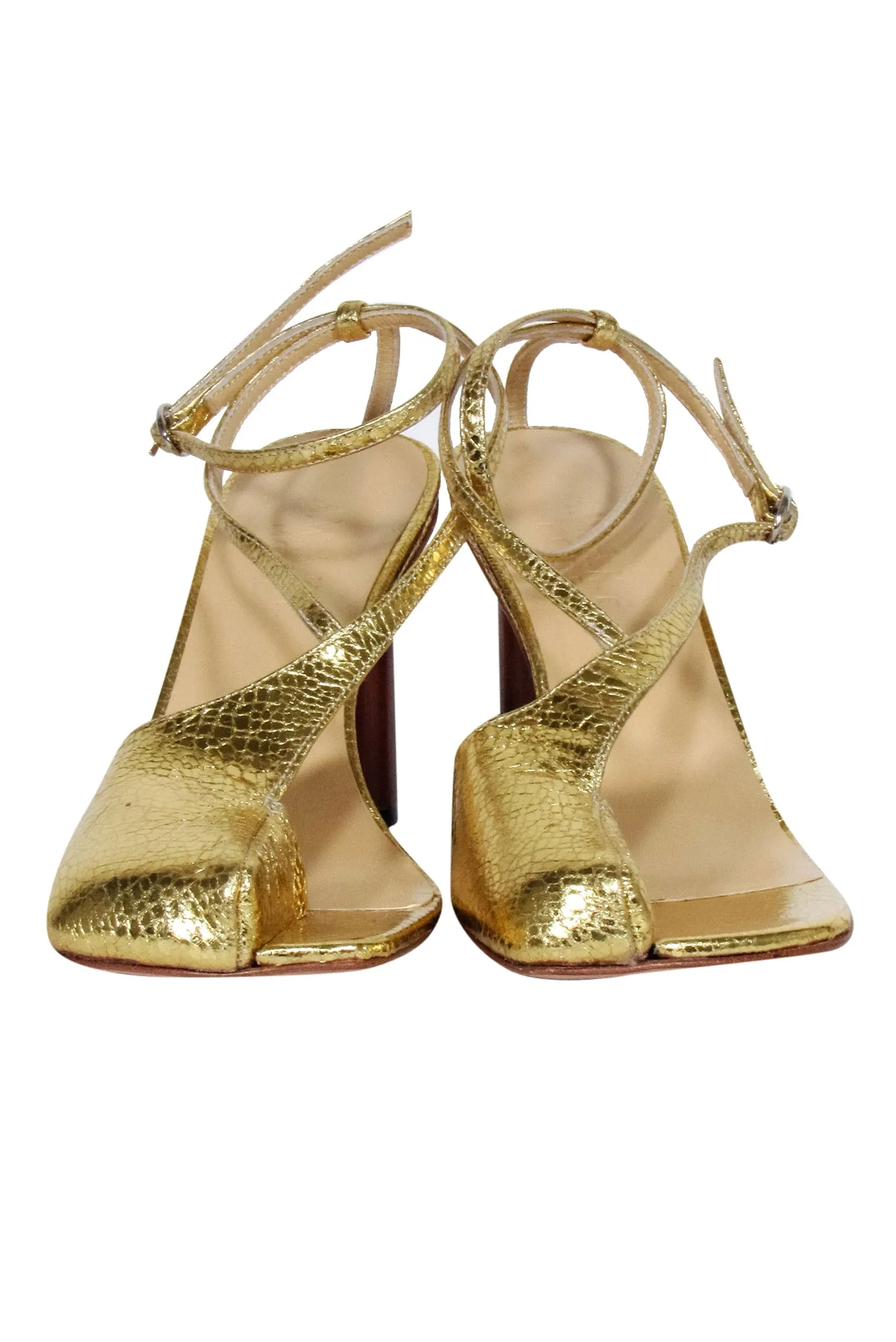 A.W.A.K.E. Mode - Gold Crinkled Foil Asymmetric Open-Toe Heels Sz 8