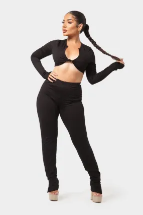 Black Front Tie Crop Top And High Waist Leggings Set