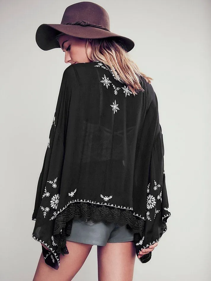 Boho Kimono Black With White Embroidery Or White With Red Embroidery Or White With Black Embroidery You Choose Lace Hem For Free Spirited People One Size