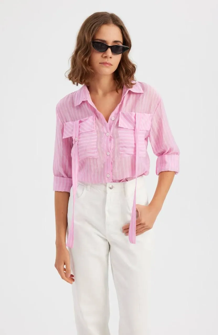 Cotton Stripe Crop Shirt - pink