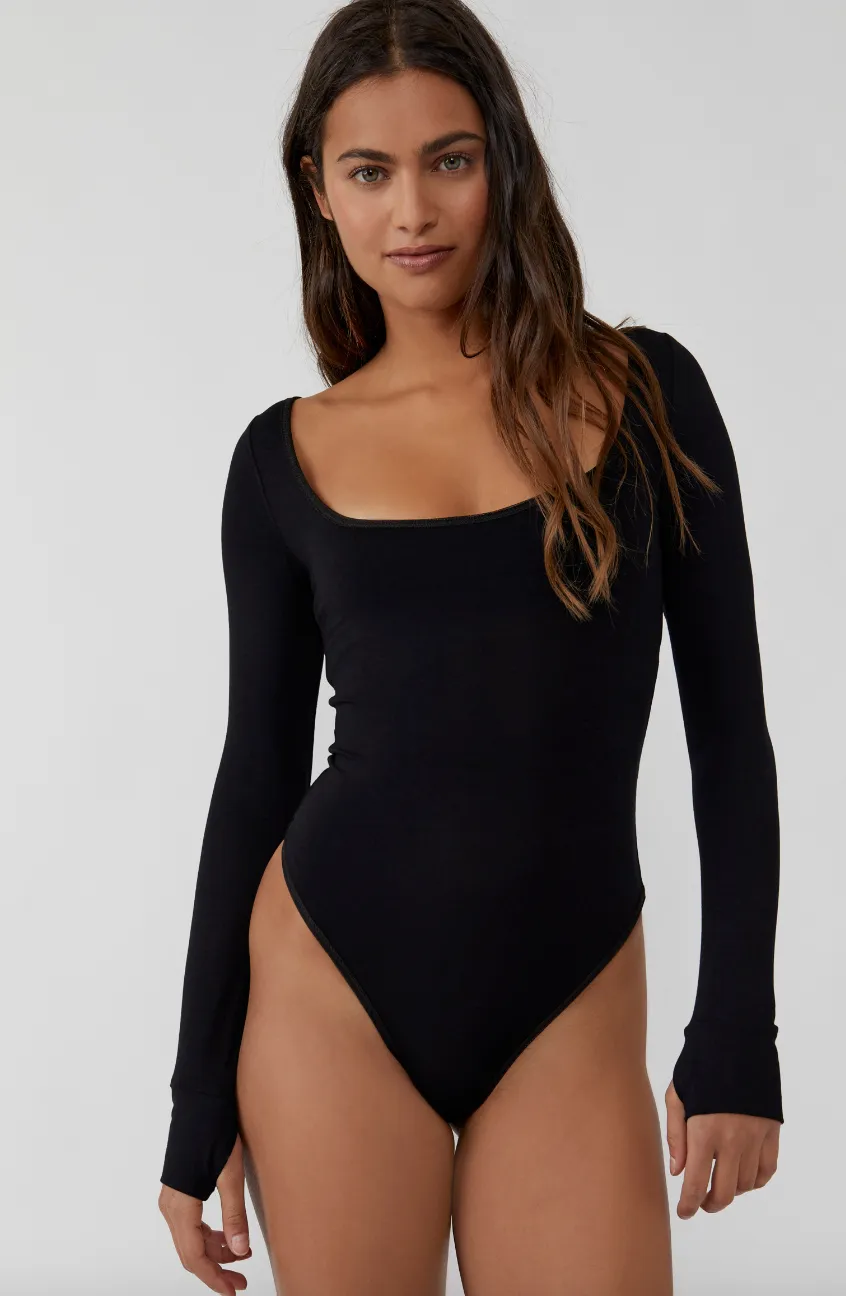 Free People Settle In Scoop Neck Black Stretch Long Sleeve Bodysuit