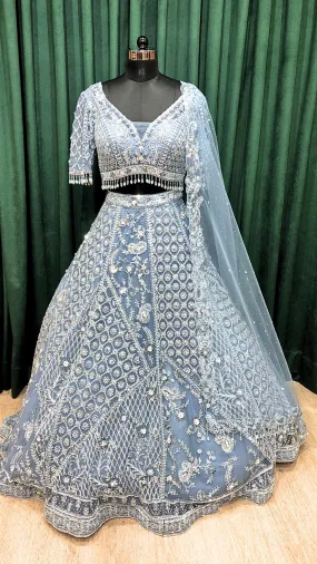 Gray Net Lehenga With Mirror