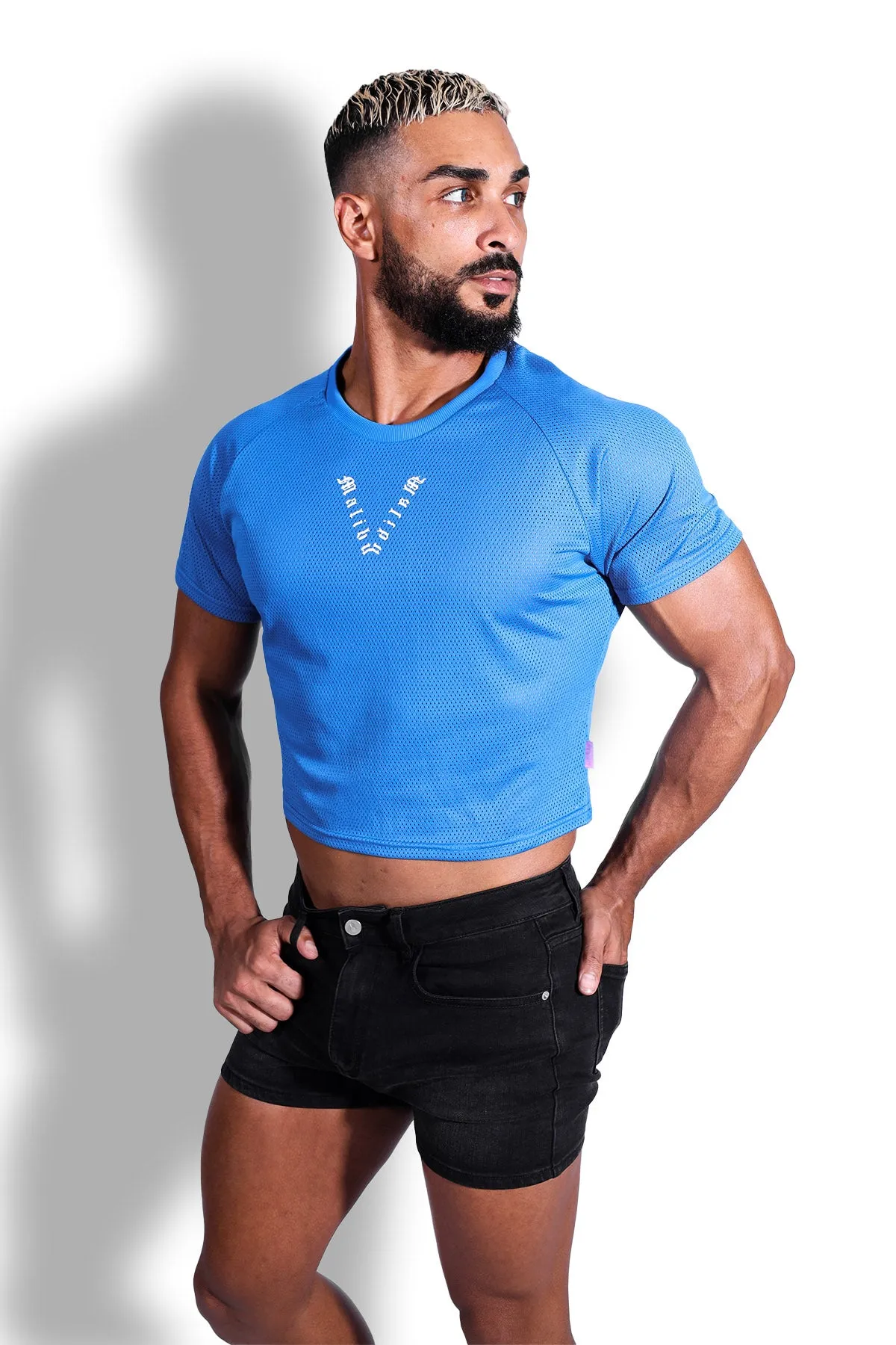 Jersey Mesh Cropped T-Shirt - Cobalt Blue w/ White or Pink Logo