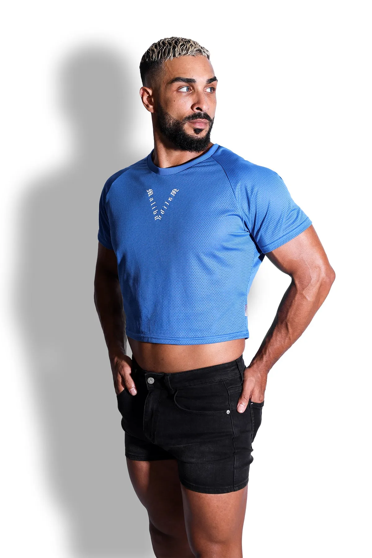 Jersey Mesh Cropped T-Shirt - Cobalt Blue w/ White or Pink Logo