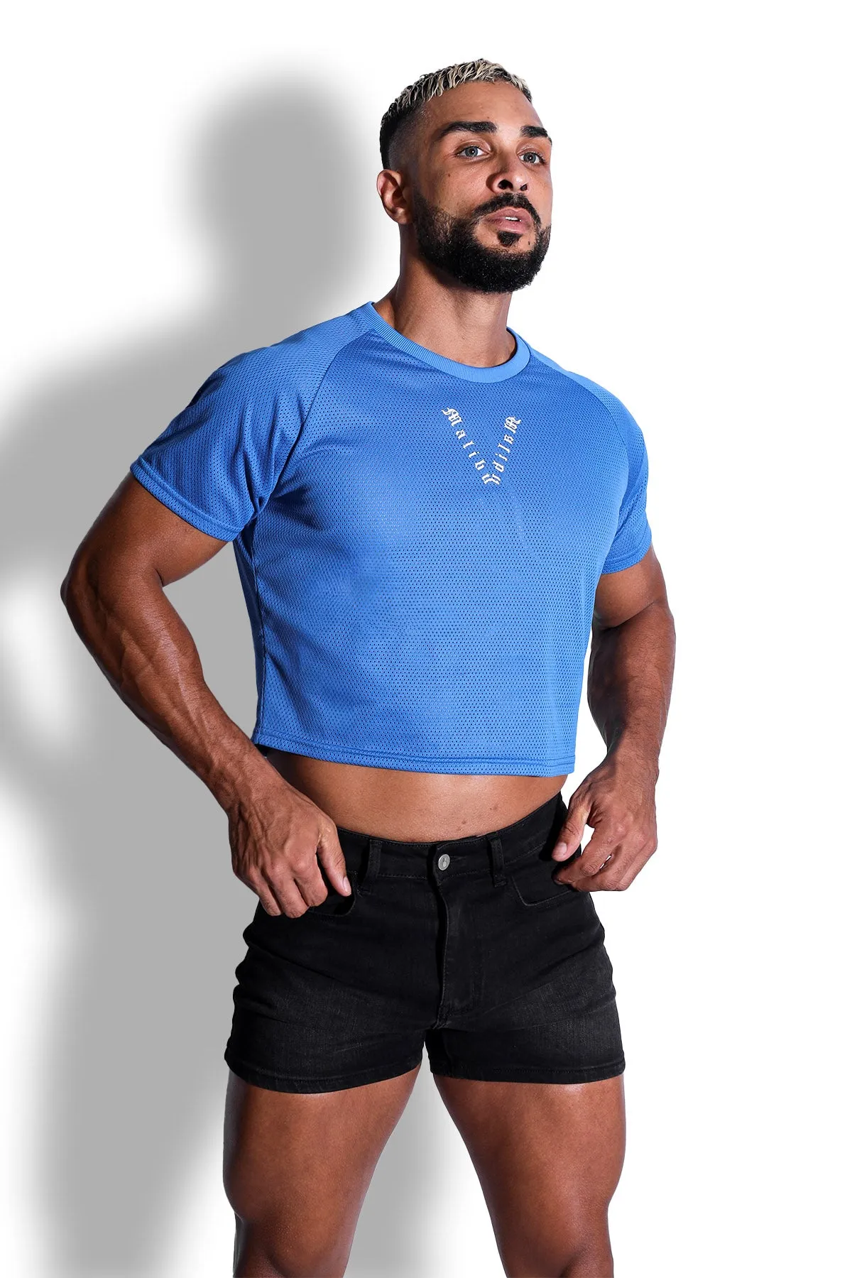 Jersey Mesh Cropped T-Shirt - Cobalt Blue w/ White or Pink Logo