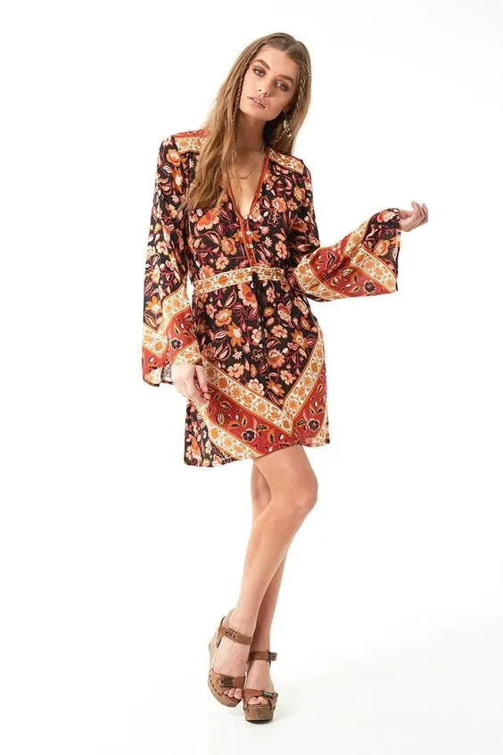 Lolita Mini Dress Black Rust Floral Print Boho Bell Sleeve V Neck Button Front Drawstring Waist Long Sleeve Bohemian Short Dress Flower Print Available In Sizes Small Medium Large Or XL