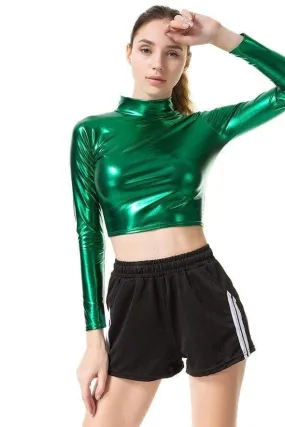 Metallic Green Long Sleeve Turtleneck Crop Top