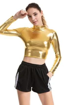 Metallic Long Sleeve Punk Rave Crop Top-gold