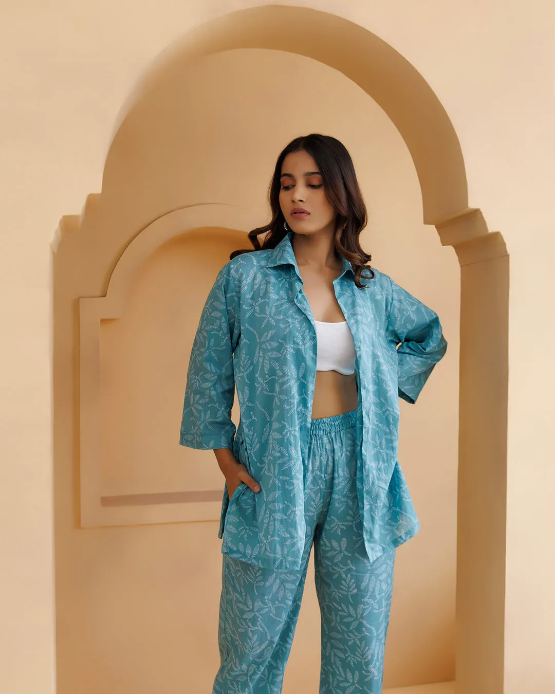 Qala Turquoise Printed Mulmul Co-ord Set