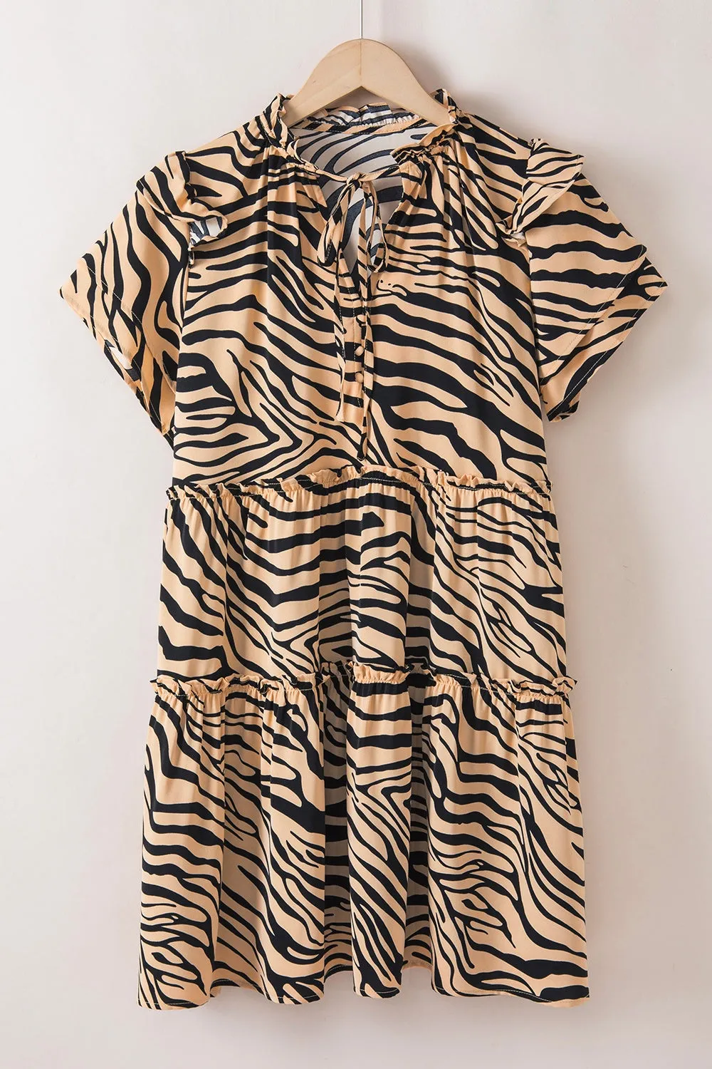 Ruffled Animal Print Tie Neck Mini Dress