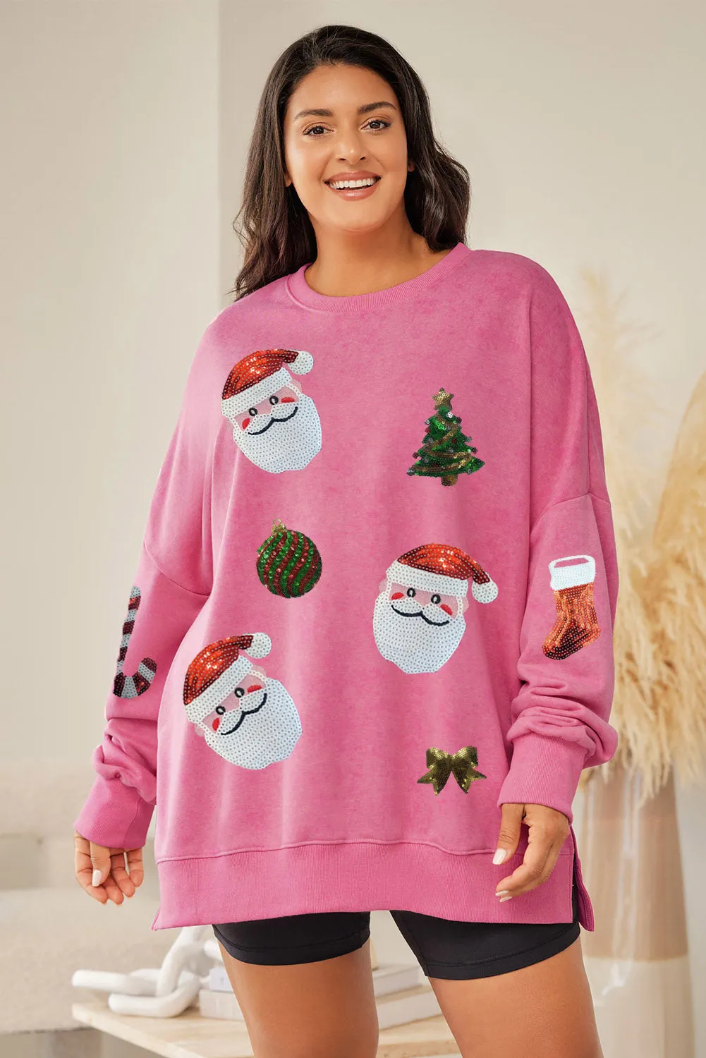 Santa Graphic Pink Drop Shoulder Ribbed Trim Oversized Casual Sweatshirt