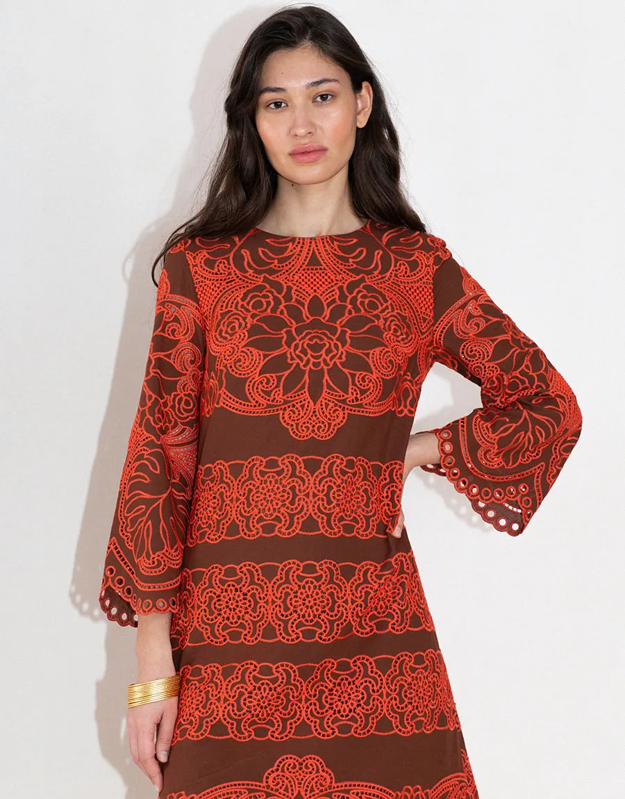 Seraphina Embroidery Midi Dress - Palm Brown