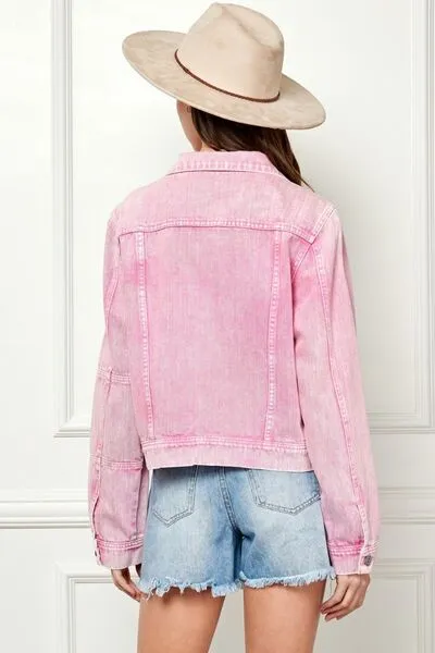 Veveret, Button Up Cropped Denim Jacket In Pink