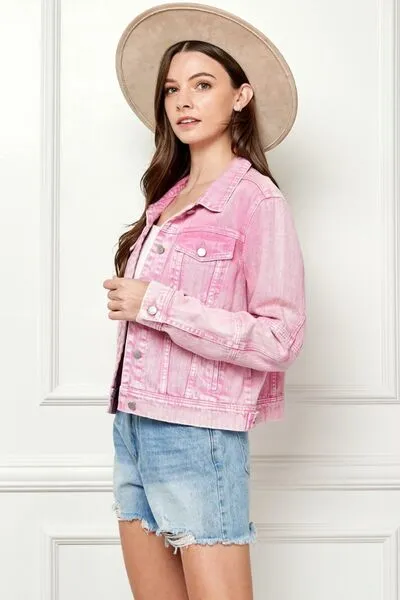 Veveret, Button Up Cropped Denim Jacket In Pink