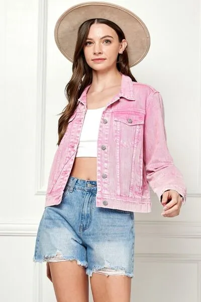 Veveret, Button Up Cropped Denim Jacket In Pink