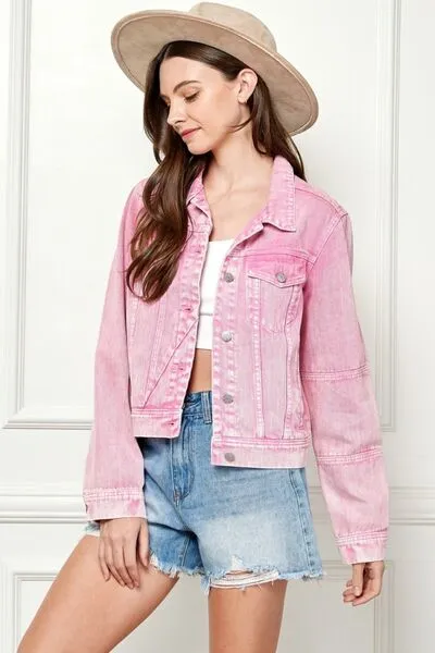 Veveret, Button Up Cropped Denim Jacket In Pink