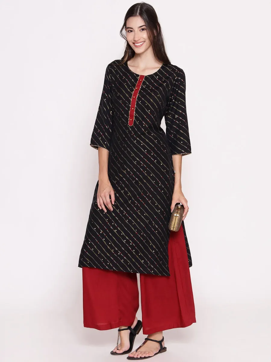 Women Black Bandhani Printed Kurta With Flared Bottom