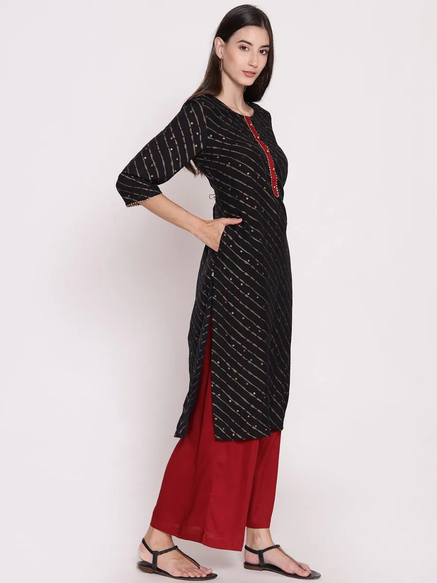 Women Black Bandhani Printed Kurta With Flared Bottom